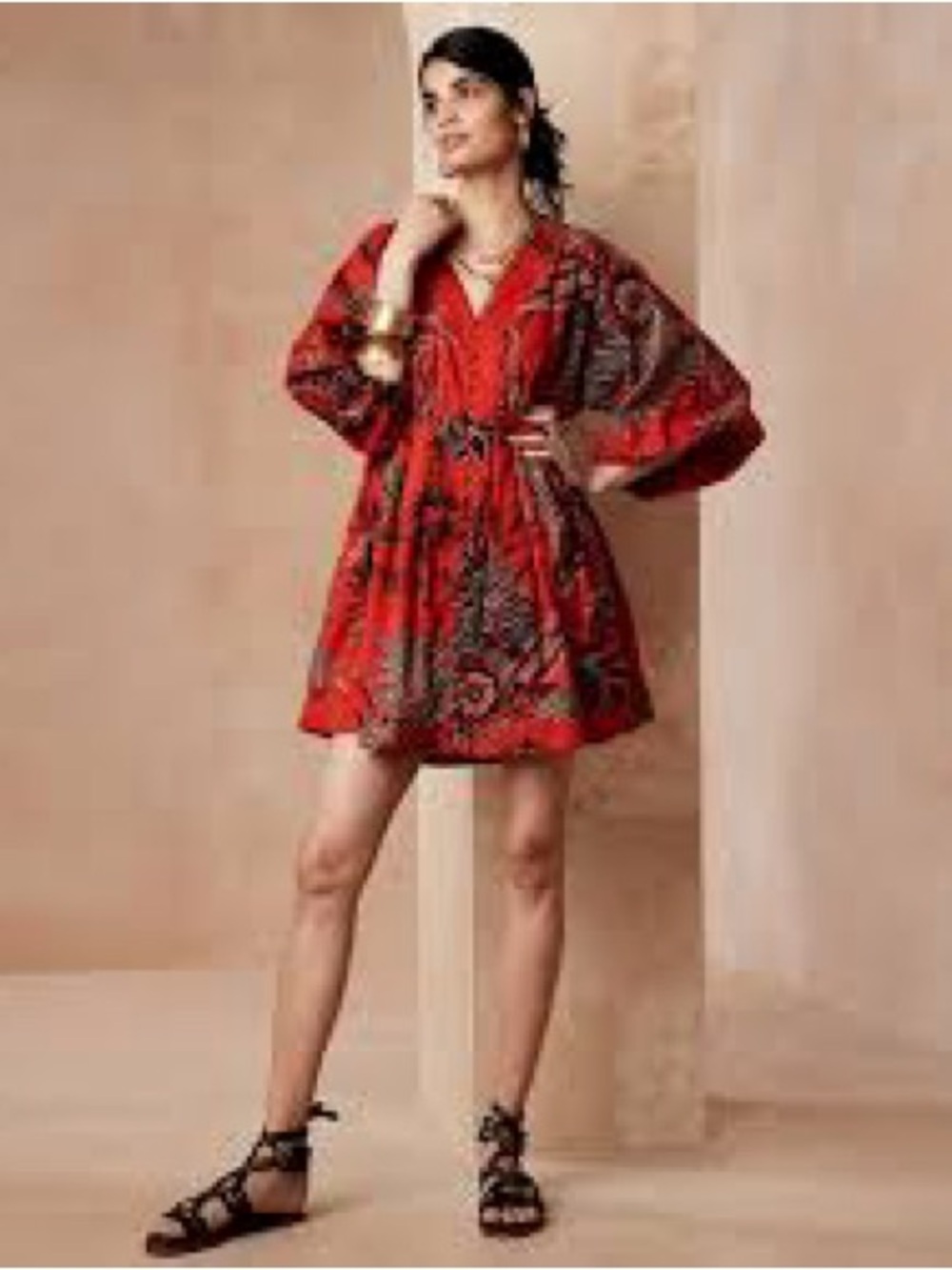Banana Republic Mini Dress Womens S Red Excellent Tropical Balloon Sleeve Belted
